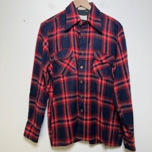 VTG 70s Envoy Men Plaid Flannel Shirt Medium Red Dagger Long Sleeve Acrylic